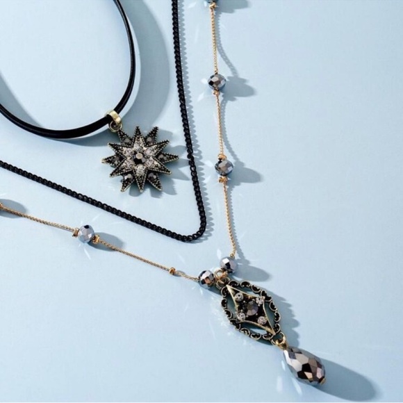 Dark Romance Vamp Academia Layered Faux Suede Gold Diamond Beaded Choker - Picture 2 of 12